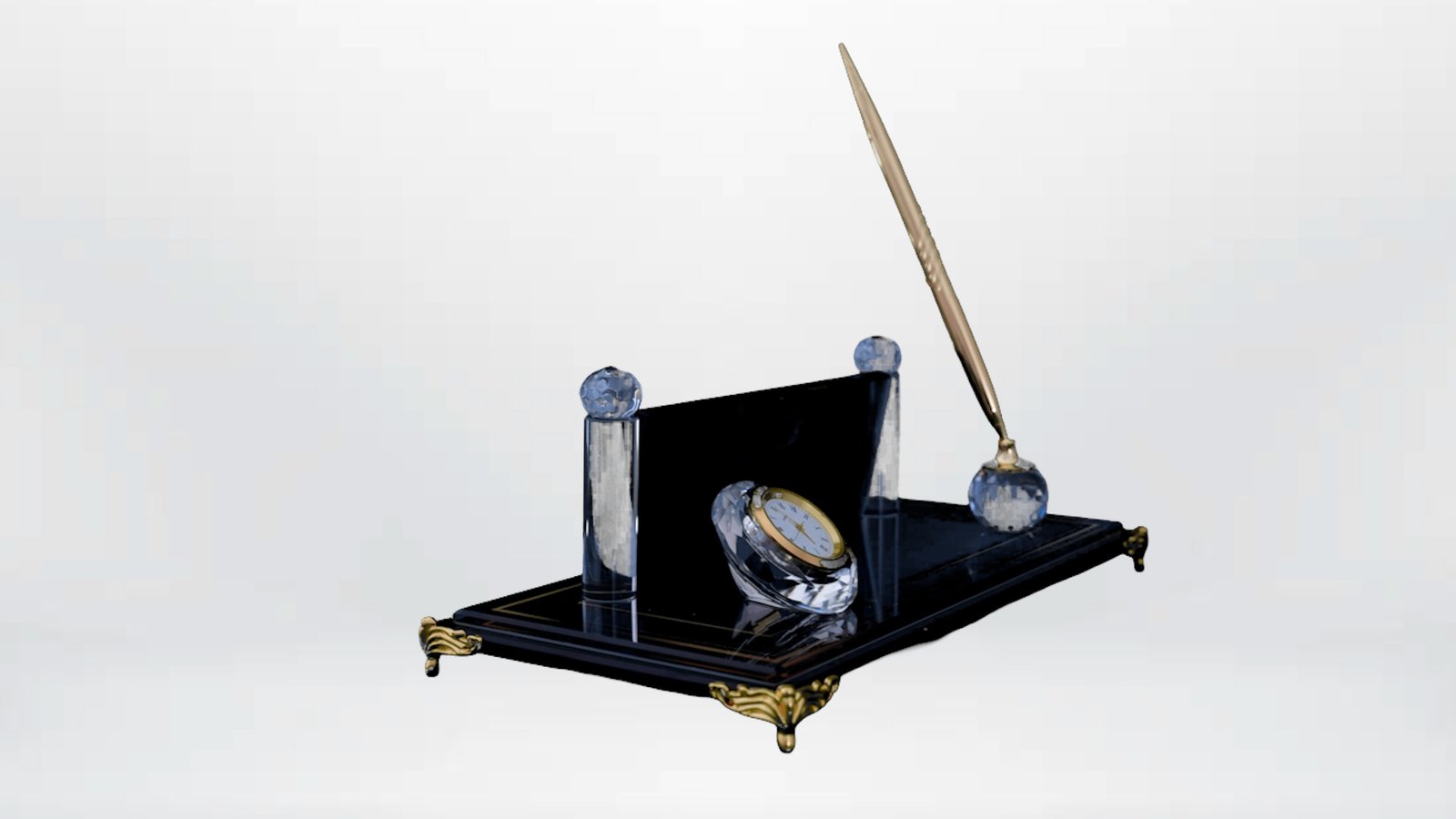 Kristal Detaylı Masaüstü Kalemlik ve Masa Saati Seti - B