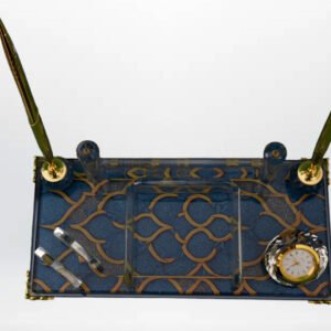 Altın İşlemeli Masaüstü Kalemlik ve Saat Seti - F