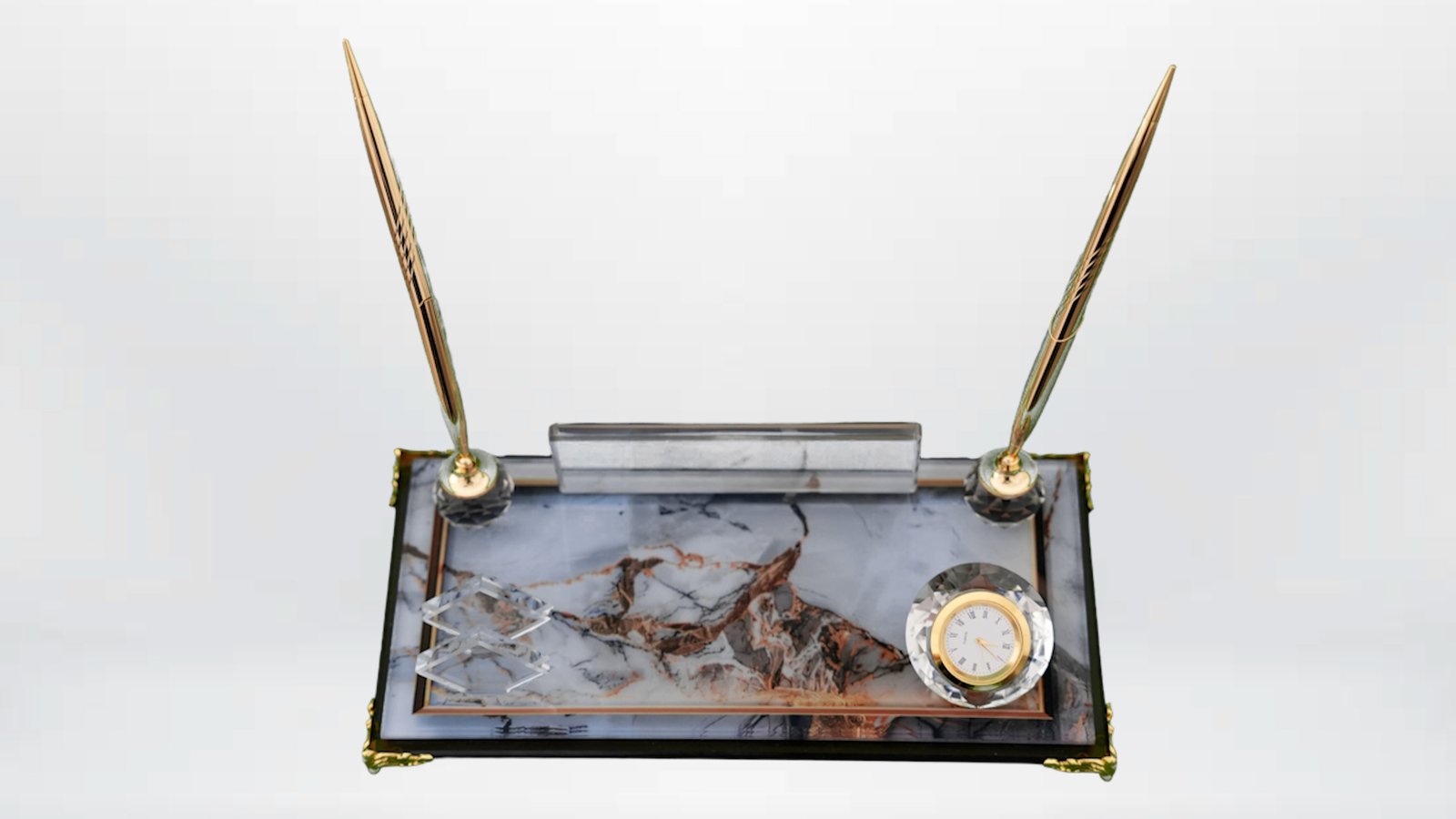 Beyaz Mermer Efektli Çift Kalemli Masaüstü Seti - J